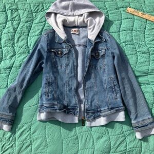 Blue Denim Jacket with Gray Hoodie